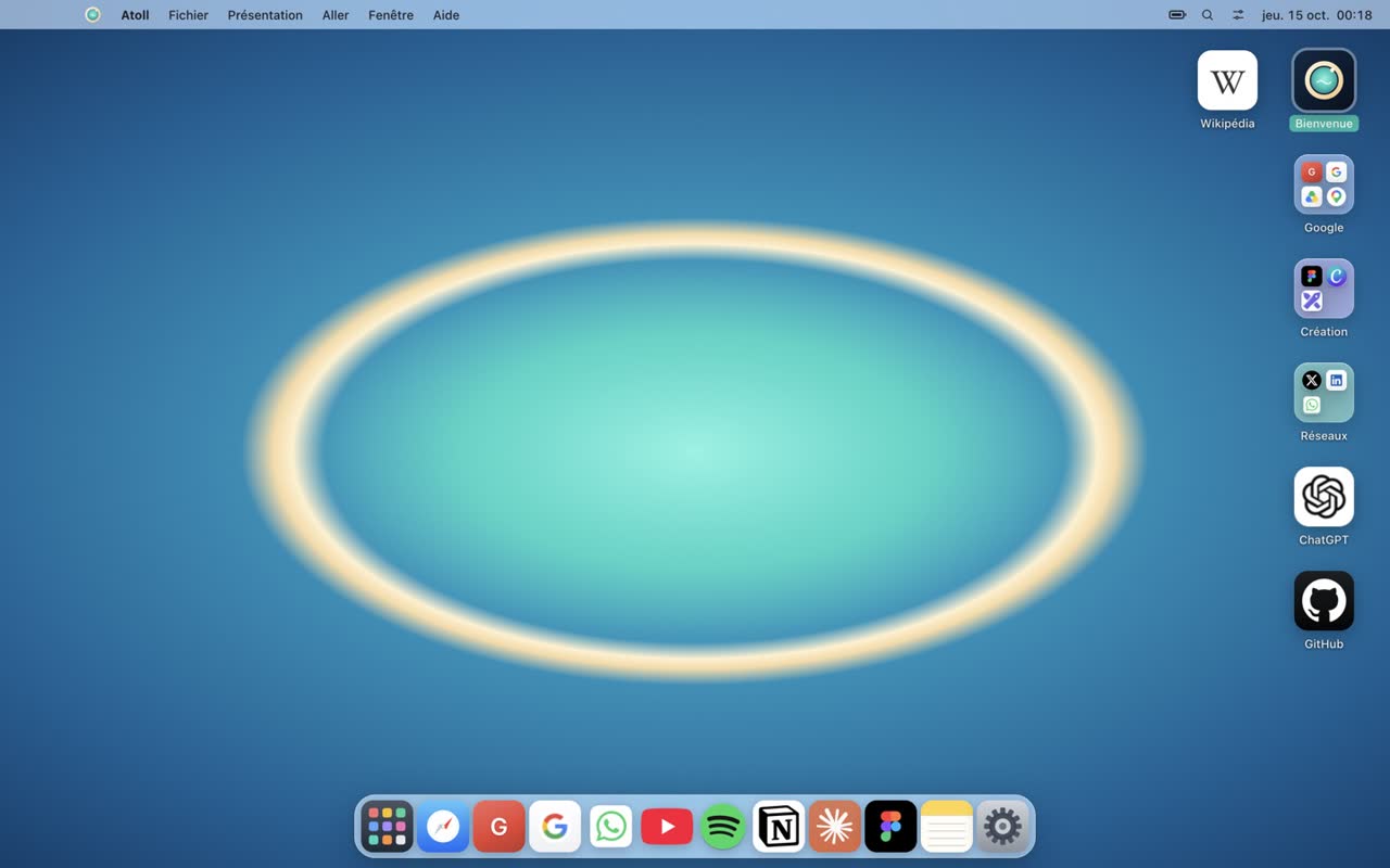 Atoll desktop with app icons, folders and the Dock