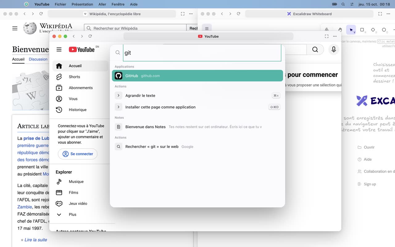 The ⌘K search panel listing apps, actions and notes